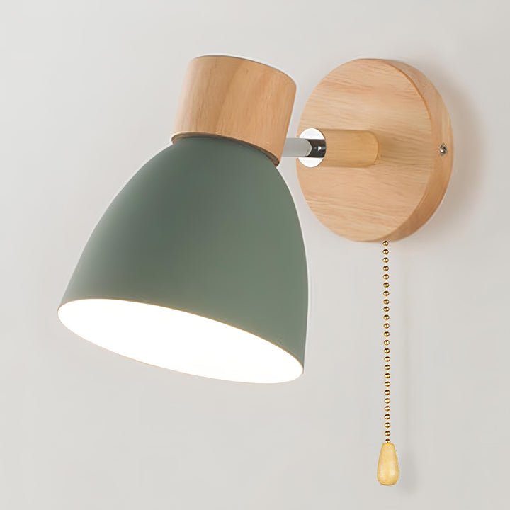 Modern Scandinavian wall light, natural wood frame, metal accents, pull switch, emits soft glow, fits minimalist decor.