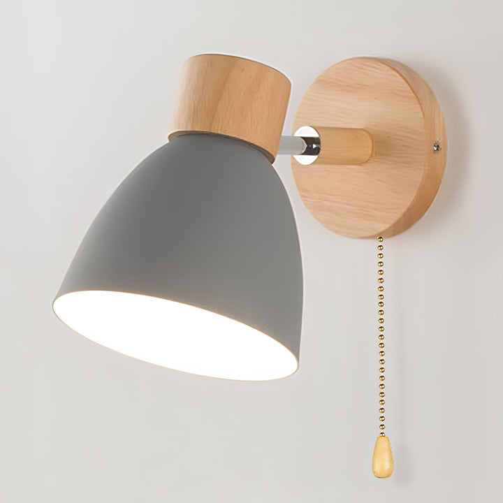 Modern Scandinavian wall light, natural wood frame, metal accents, pull switch, emits soft glow, fits minimalist decor.