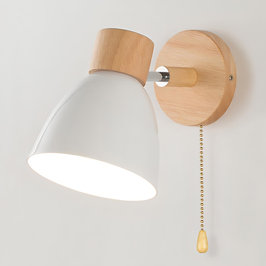 Modern Scandinavian wall light, natural wood frame, metal accents, pull switch, emits soft glow, fits minimalist decor.