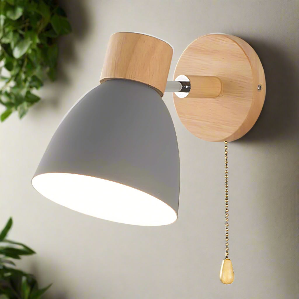 Modern Scandinavian wall light, natural wood frame, metal accents, pull switch, emits soft glow, fits minimalist decor.