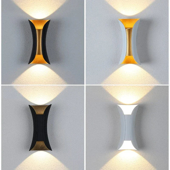 Modern waterproof LED wall light, sleek aluminium, IP65 rating, indoor/outdoor use, warm white glow, available in black.