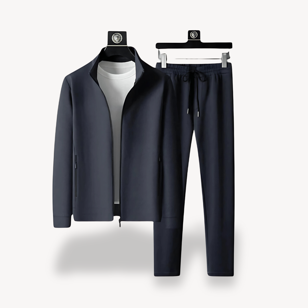 "Navy and black men's tracksuit set with zip jacket and joggers, showcasing sleek design and comfort for casual or gym wear."
