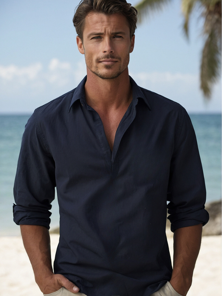 "Navy blue linen casual beach shirt, men's button-down with long sleeves, relaxed fit, perfect for summer outings."