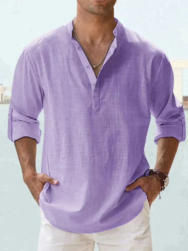 "Navy blue linen casual beach shirt, men's button-down with long sleeves, relaxed fit, perfect for summer outings."