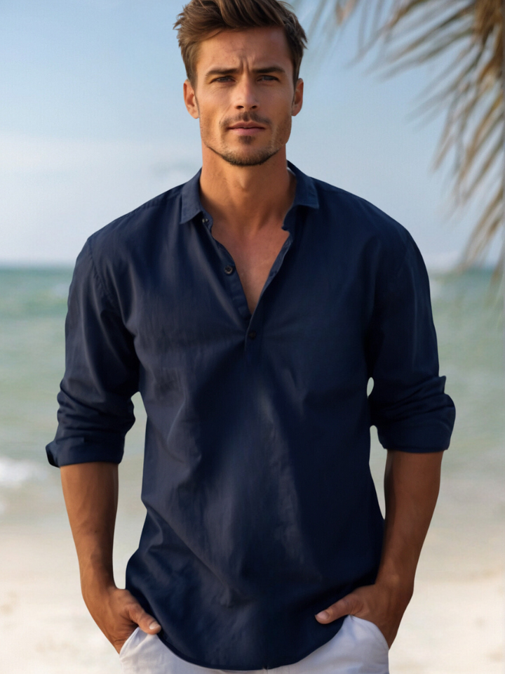 "Navy blue linen casual beach shirt, men's button-down with long sleeves, relaxed fit, perfect for summer outings."