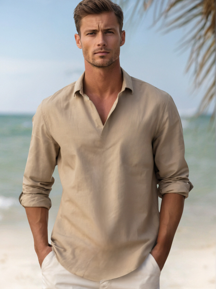 "Navy blue linen casual beach shirt, men's button-down with long sleeves, relaxed fit, perfect for summer outings."