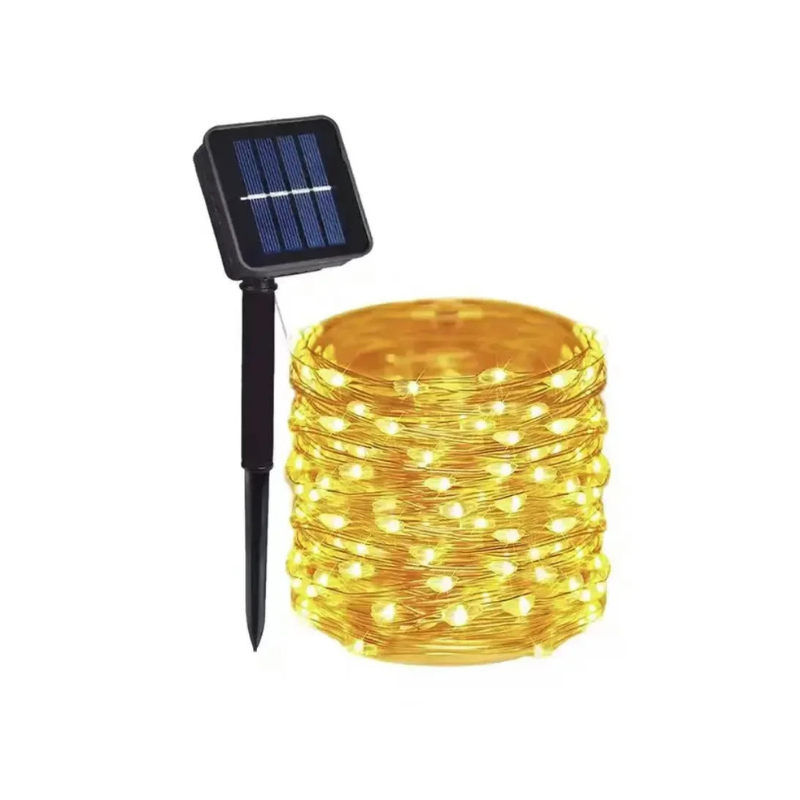 Outdoor eco-friendly solar string lights with vibrant colors on a flexible copper wire for gardens, patios, and celebrations.