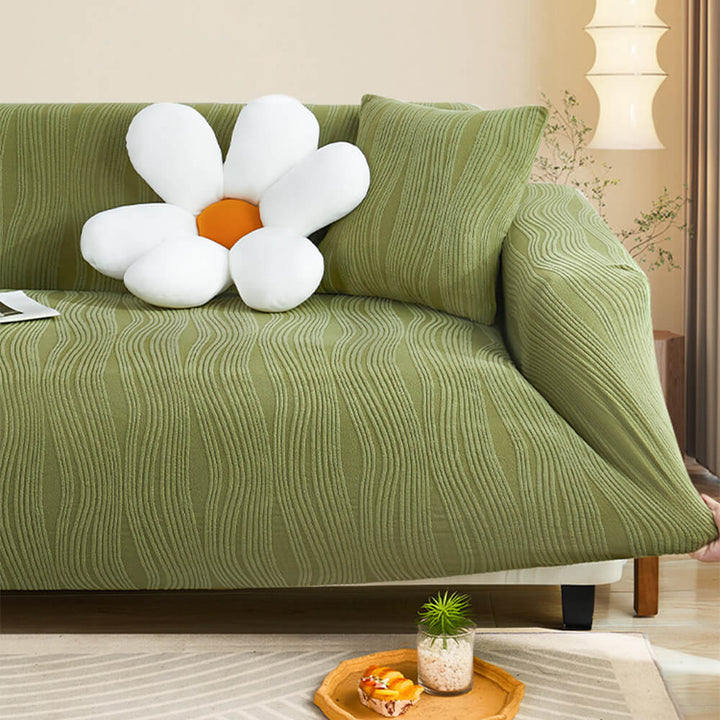 Pet-friendly jacquard stretch sofa cover in stylish design, protects against scratches and complements any decor.