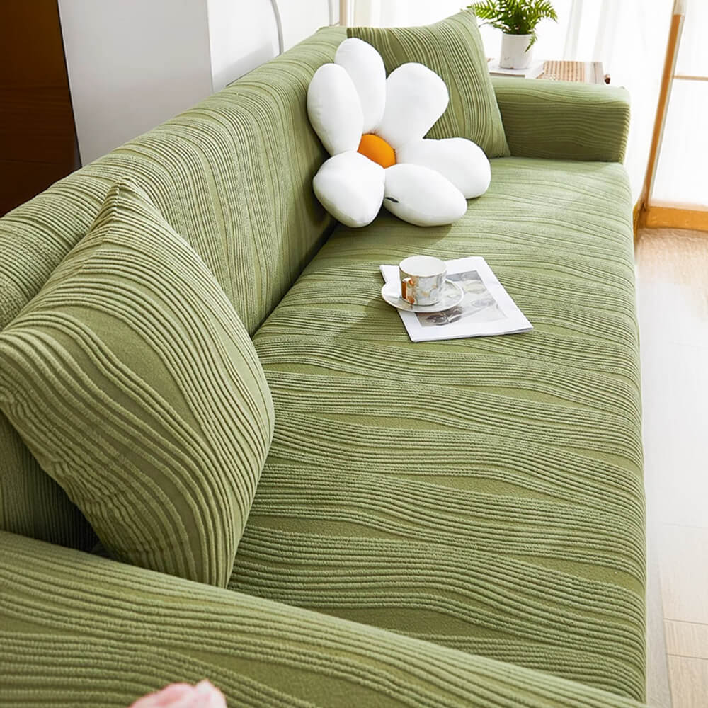 Pet-friendly jacquard stretch sofa cover in stylish design, protects against scratches and complements any decor.