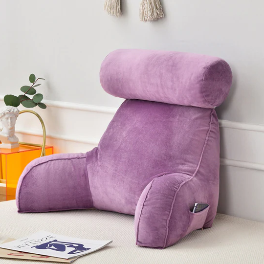 "Plush backrest pillow with arms, adjustable headrest, soft velour cover, ergonomic design for neck and back support."