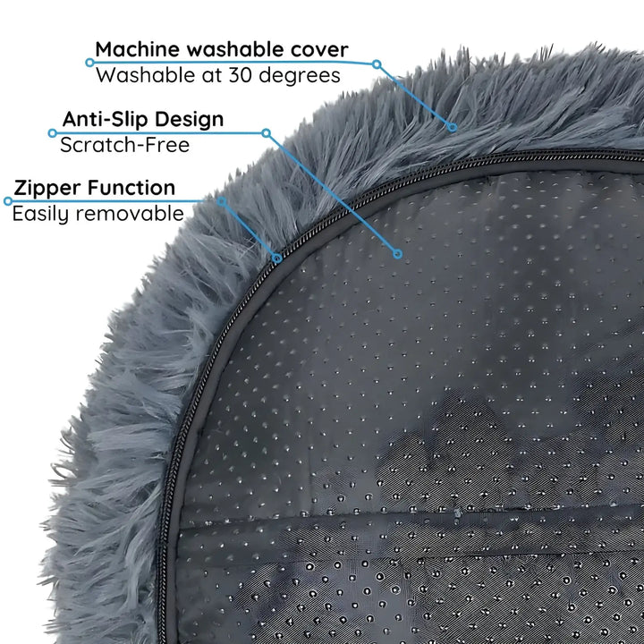 "Plush luxury dog bed for anxiety relief in apricot color, round with raised rim, available in multiple sizes."