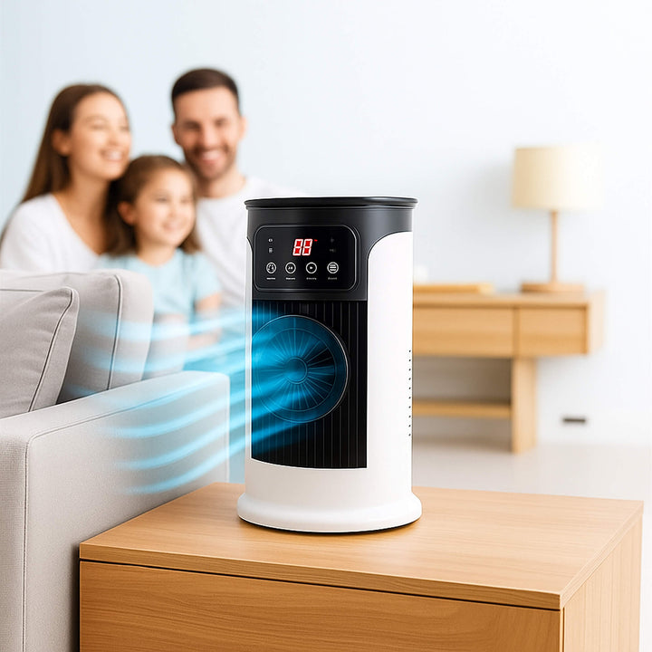 "Portable air conditioner, energy efficient, windowless design, compact and mobile, ideal for small rooms or offices."