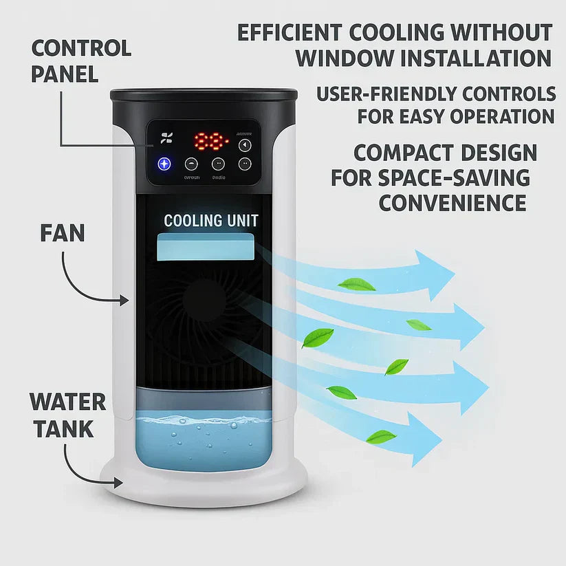"Portable air conditioner, energy efficient, windowless design, compact and mobile, ideal for small rooms or offices."