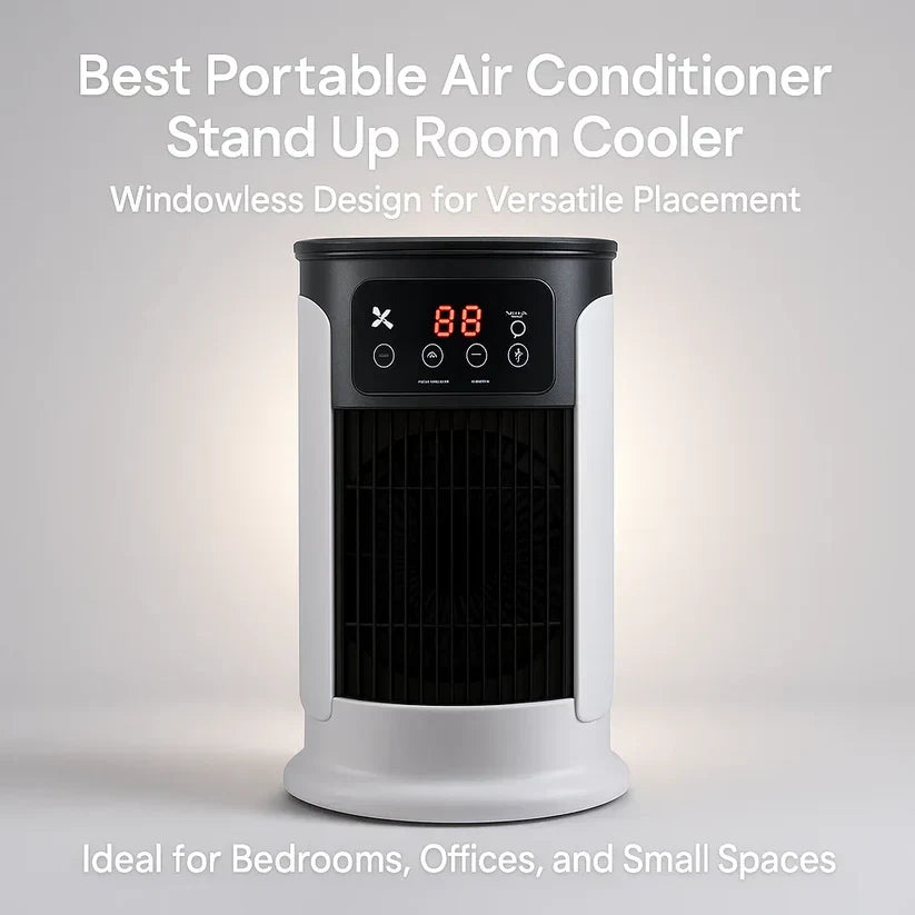 "Portable air conditioner, energy efficient, windowless design, compact and mobile, ideal for small rooms or offices."