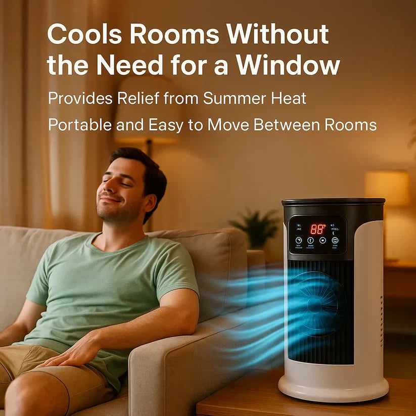 "Portable air conditioner, energy efficient, windowless design, compact and mobile, ideal for small rooms or offices."