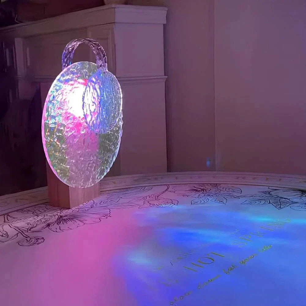 "Rechargeable LED lamp projects sunset hues, ocean waves; adds cozy ambiance to home decor with adjustable head."