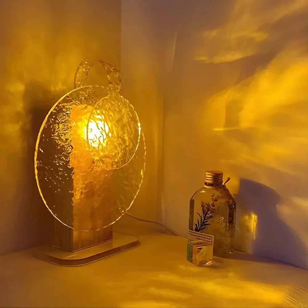 "Rechargeable LED lamp projects sunset hues, ocean waves; adds cozy ambiance to home decor with adjustable head."