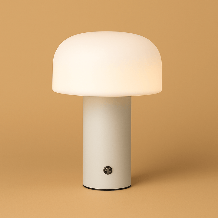 "Rechargeable mushroom LED table lamp with touch control in bold colors, perfect for modern decor and ambient lighting."
