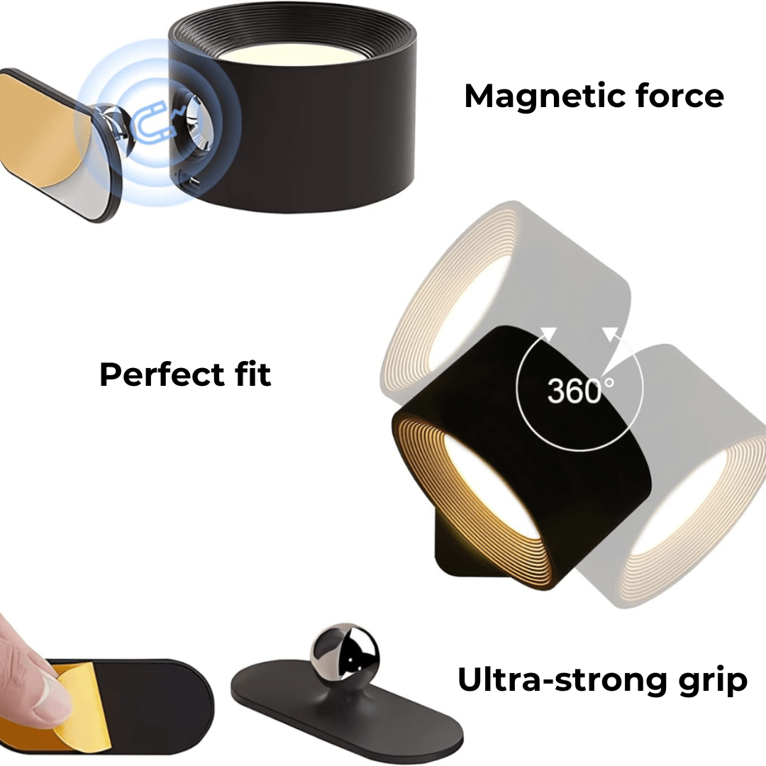 Rechargeable wireless 360° LED wall light with touch control, magnetic rotation, adjustable brightness and color modes in whi