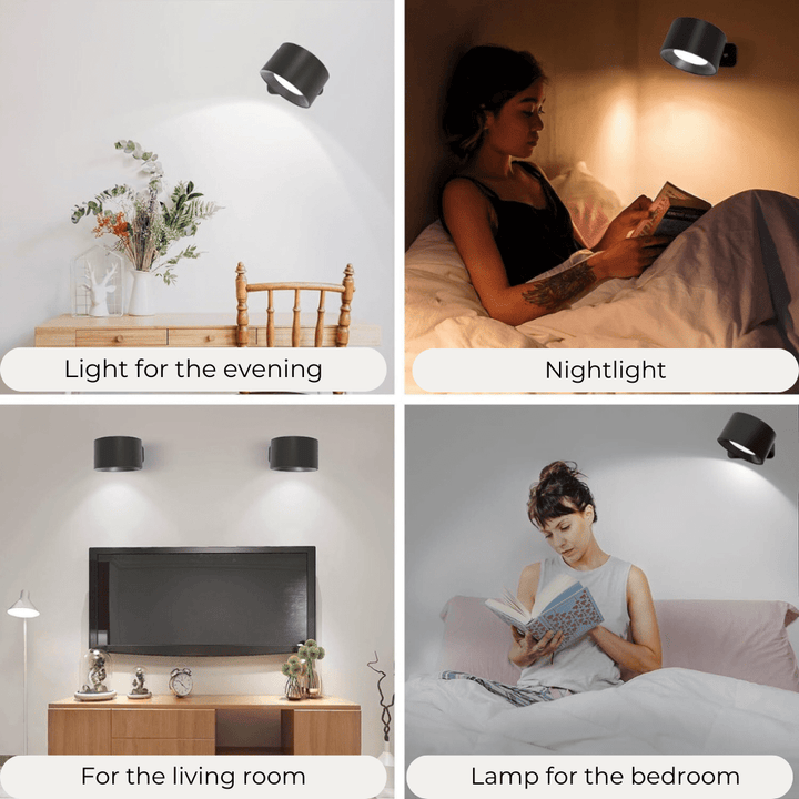 Rechargeable wireless 360° LED wall light with touch control, magnetic rotation, adjustable brightness and color modes in whi