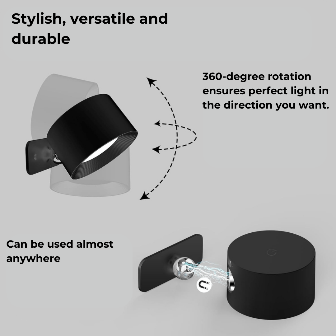 Rechargeable wireless 360° LED wall light with touch control, magnetic rotation, adjustable brightness and color modes in whi