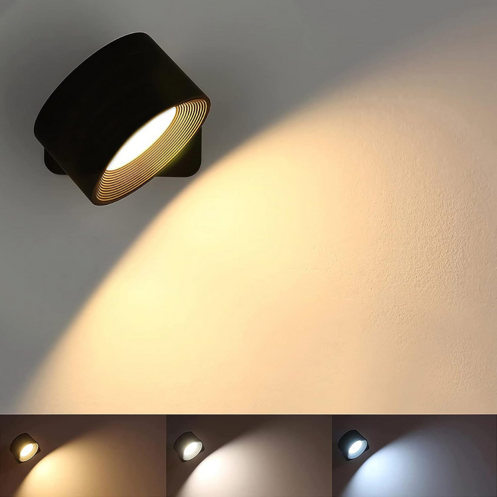 Rechargeable wireless 360° LED wall light with touch control, magnetic rotation, adjustable brightness and color modes in whi