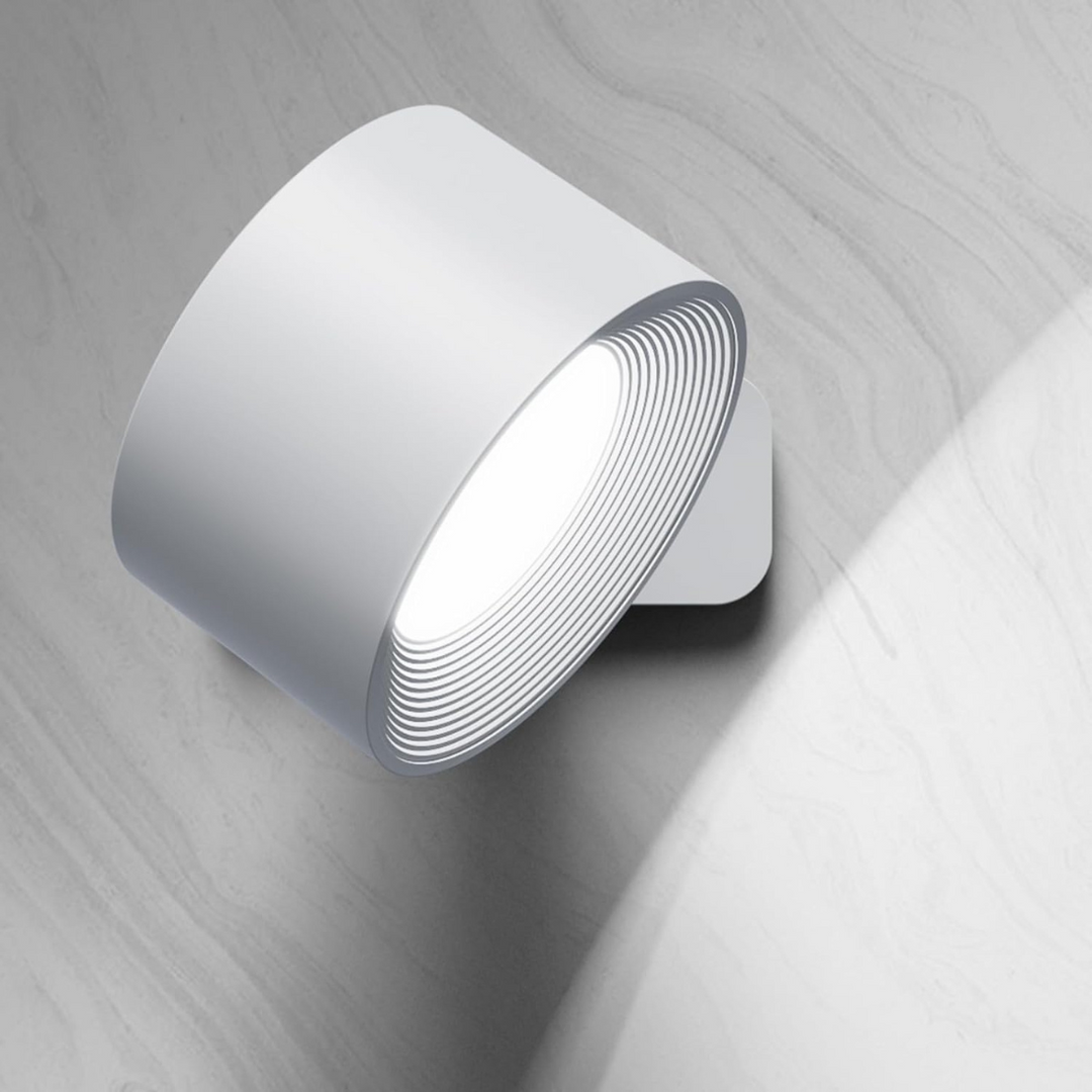Rechargeable wireless 360° LED wall light with touch control, magnetic rotation, adjustable brightness and color modes in whi