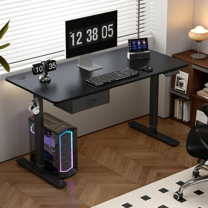 "Sleek adjustable electric standing desk with spacious drawer, USB ports; suits sitting/standing positions in home office."