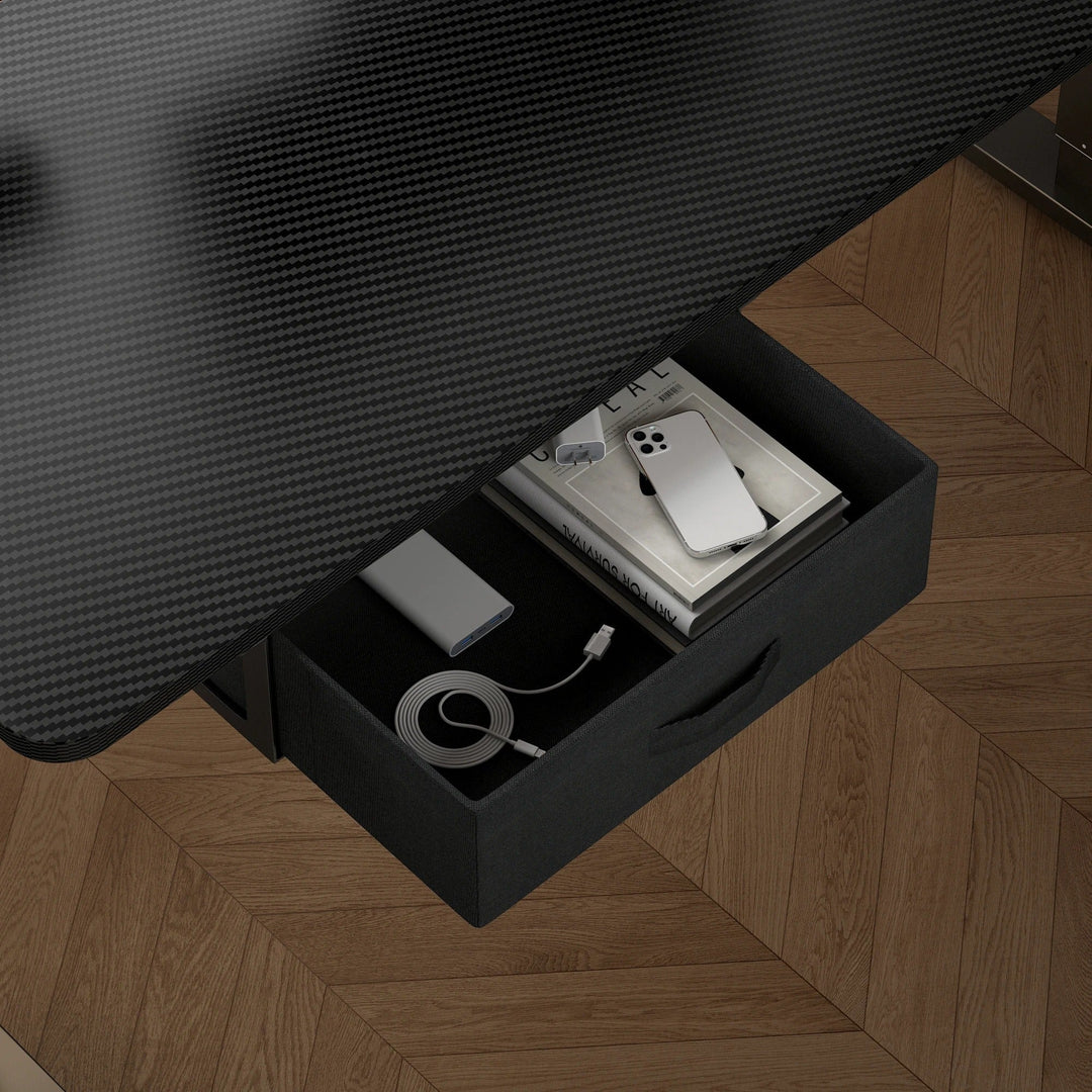 "Sleek adjustable electric standing desk with spacious drawer, USB ports; suits sitting/standing positions in home office."