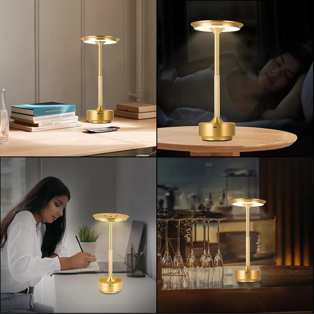 "Sleek cordless LED table lamp with a touch sensor, featuring a minimalist design in available colors: black, gold, silver."