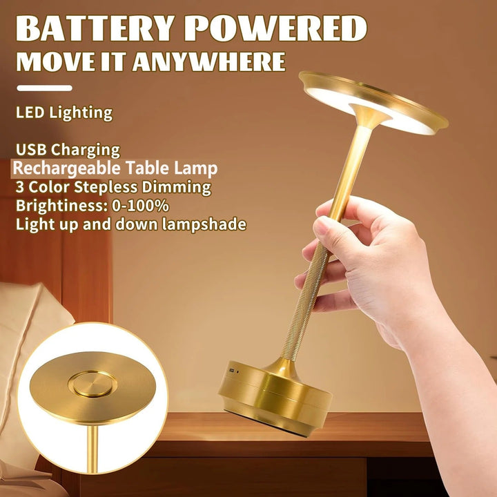 "Sleek cordless LED table lamp with a touch sensor, featuring a minimalist design in available colors: black, gold, silver."