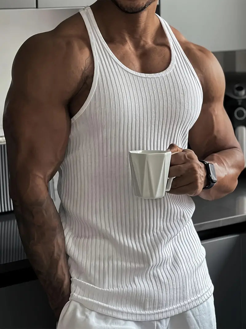 "Sleek men's athletic body fit tank top with sleeveless design, perfect for workouts and casual wear, highlighting performanc