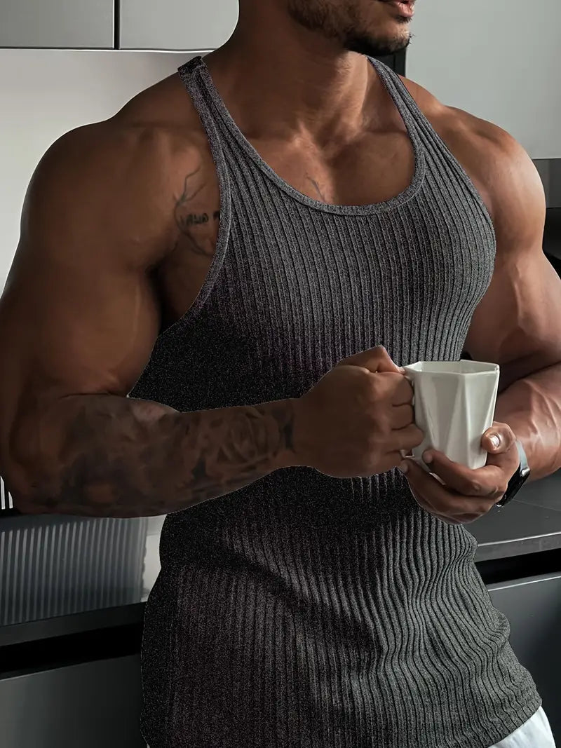 "Sleek men's athletic body fit tank top with sleeveless design, perfect for workouts and casual wear, highlighting performanc