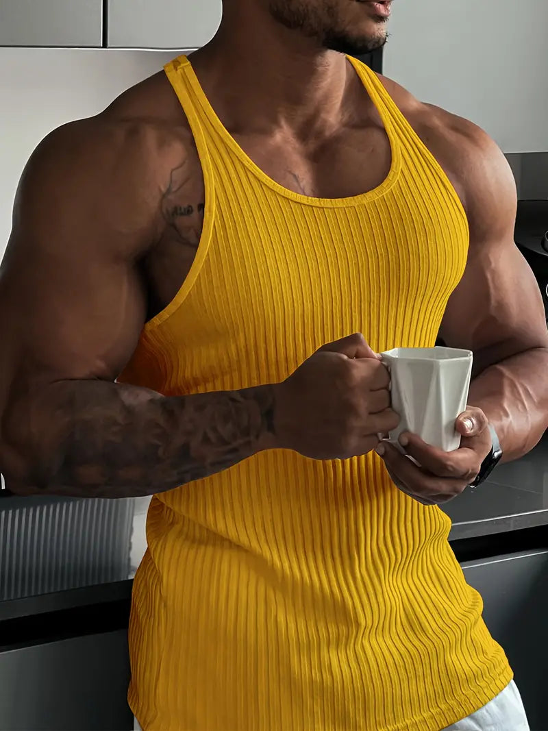 "Sleek men's athletic body fit tank top with sleeveless design, perfect for workouts and casual wear, highlighting performanc