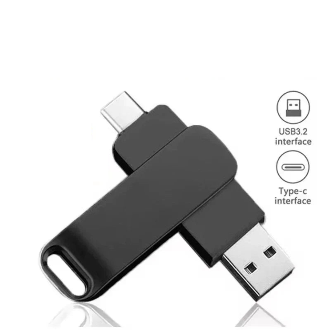 "Sleek metal USB-C & USB 3.2 flash drive, high-capacity up to 16TB, versatile design, professional use, durable build."