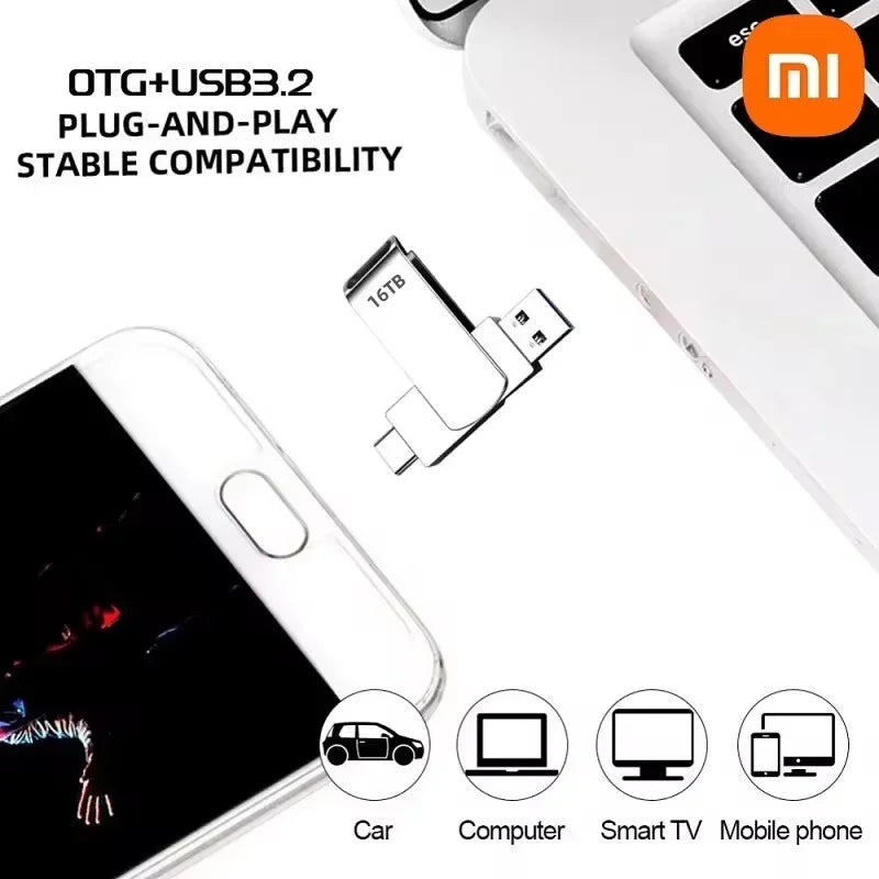 "Sleek metal USB-C & USB 3.2 flash drive, high-capacity up to 16TB, versatile design, professional use, durable build."