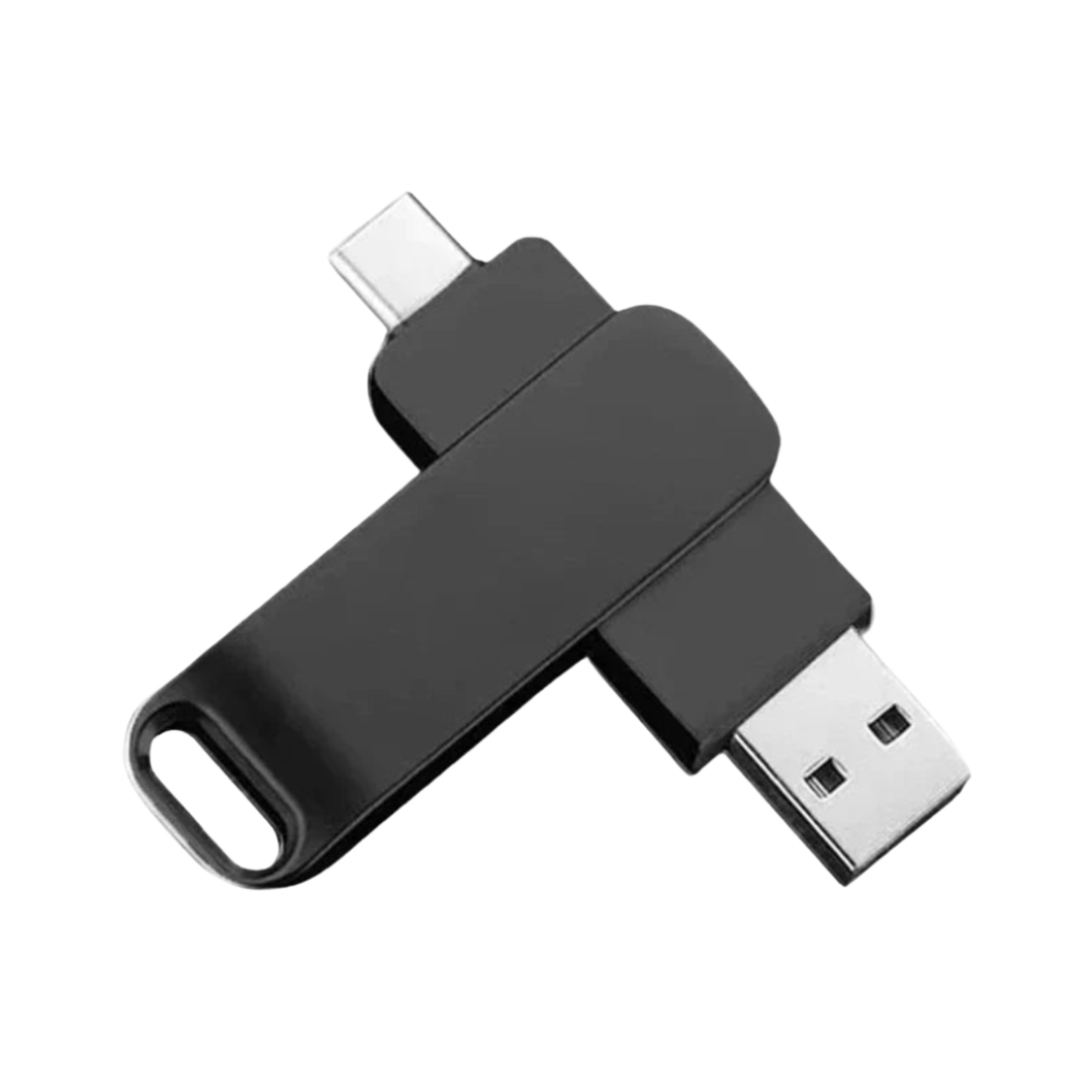 "Sleek metal USB-C & USB 3.2 flash drive, high-capacity up to 16TB, versatile design, professional use, durable build."
