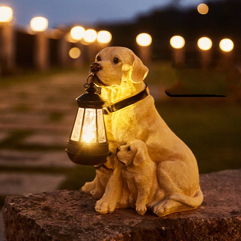 "Solar-powered LED garden dog sculpture with retro striped design, ideal for outdoor decor and nighttime illumination."