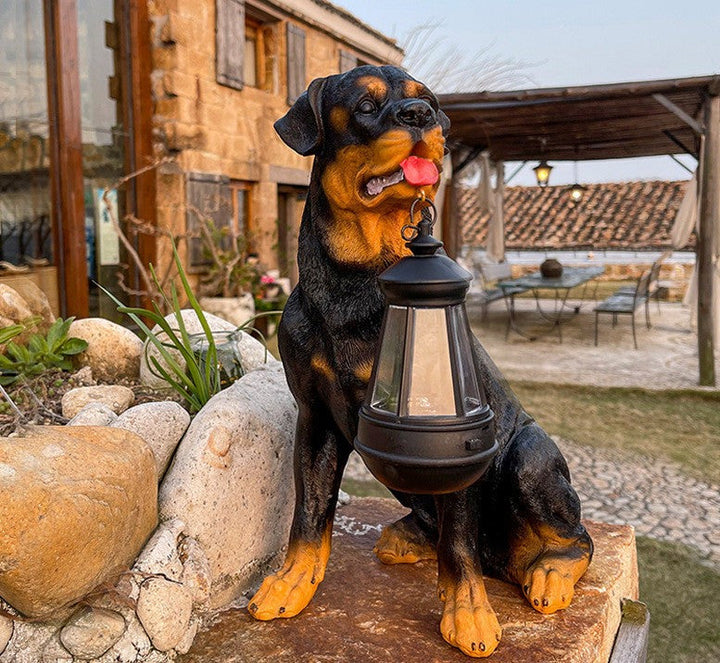 "Solar-powered LED garden dog sculpture with retro striped design, ideal for outdoor decor and nighttime illumination."
