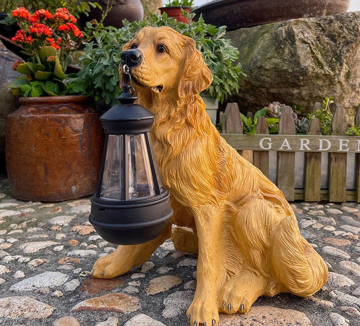 "Solar-powered LED garden dog sculpture with retro striped design, ideal for outdoor decor and nighttime illumination."