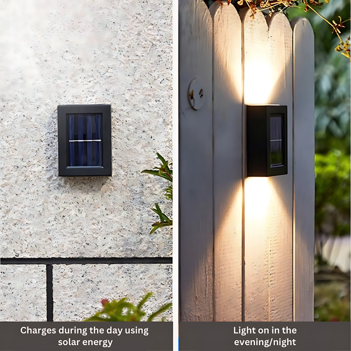 Solar-powered LED wall lights with sleek, black design, perfect for eco-friendly outdoor garden illumination and easy install