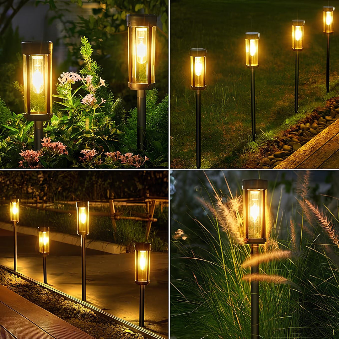 Solar-powered waterproof garden torch with flickering glow, decorative design, illuminating gardens, patios, and pathways.