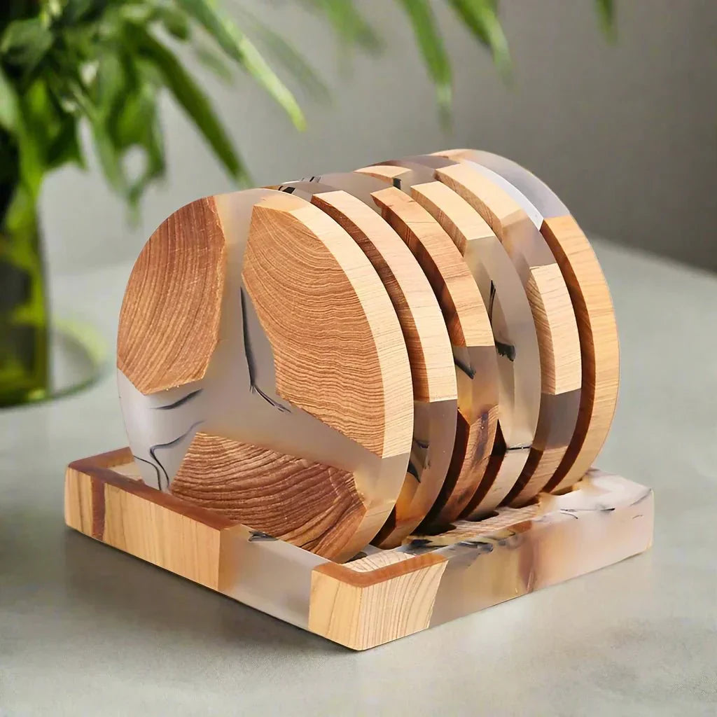 "Solid wood coasters with Japanese design, featuring natural tones and vibrant resin accents, perfect for table protection."