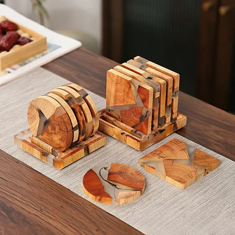 "Solid wood coasters with Japanese design, featuring natural tones and vibrant resin accents, perfect for table protection."