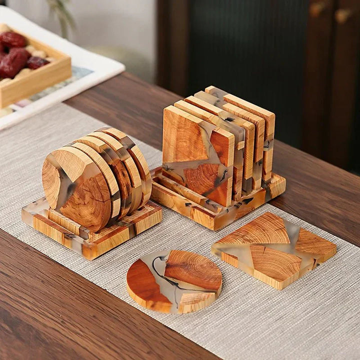"Solid wood coasters with Japanese design, featuring natural tones and vibrant resin accents, perfect for table protection."