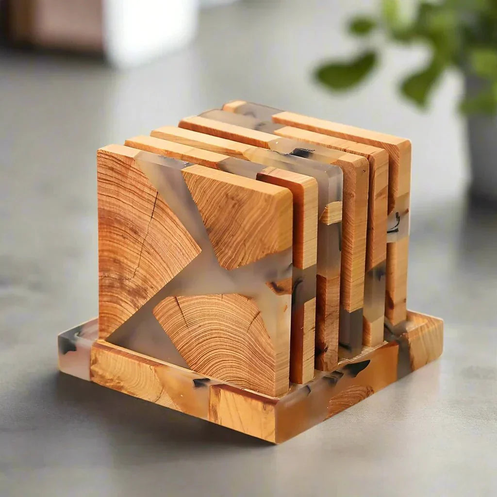 "Solid wood coasters with Japanese design, featuring natural tones and vibrant resin accents, perfect for table protection."
