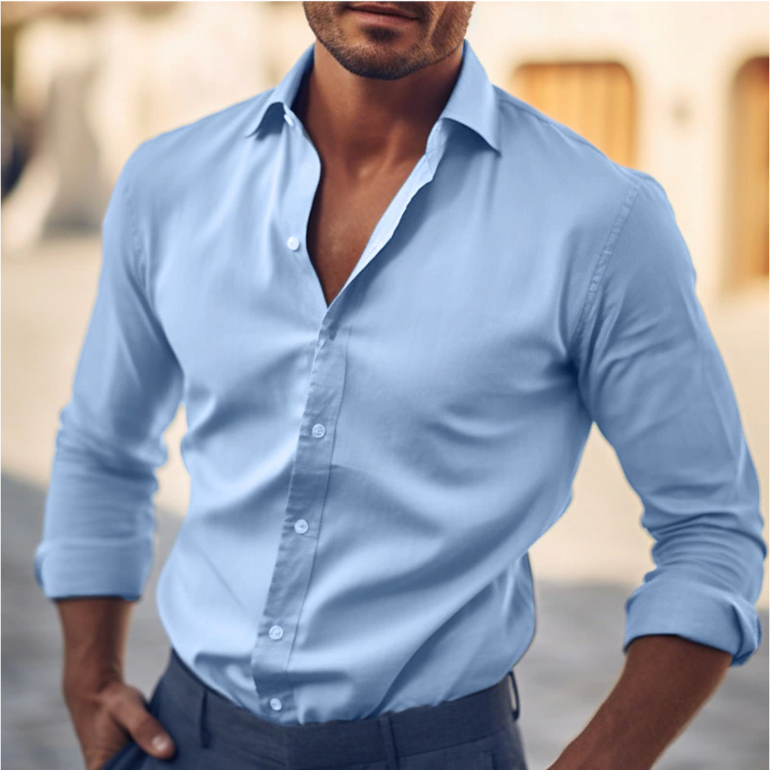 Stylish men's cotton dress shirt with classic collar, showcasing a sleek, flattering fit suitable for any occasion.