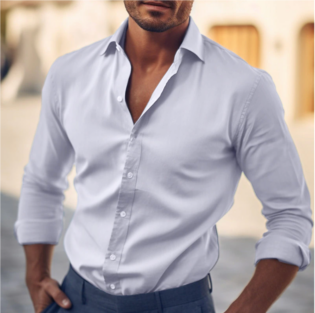 Stylish men's cotton dress shirt with classic collar, showcasing a sleek, flattering fit suitable for any occasion.