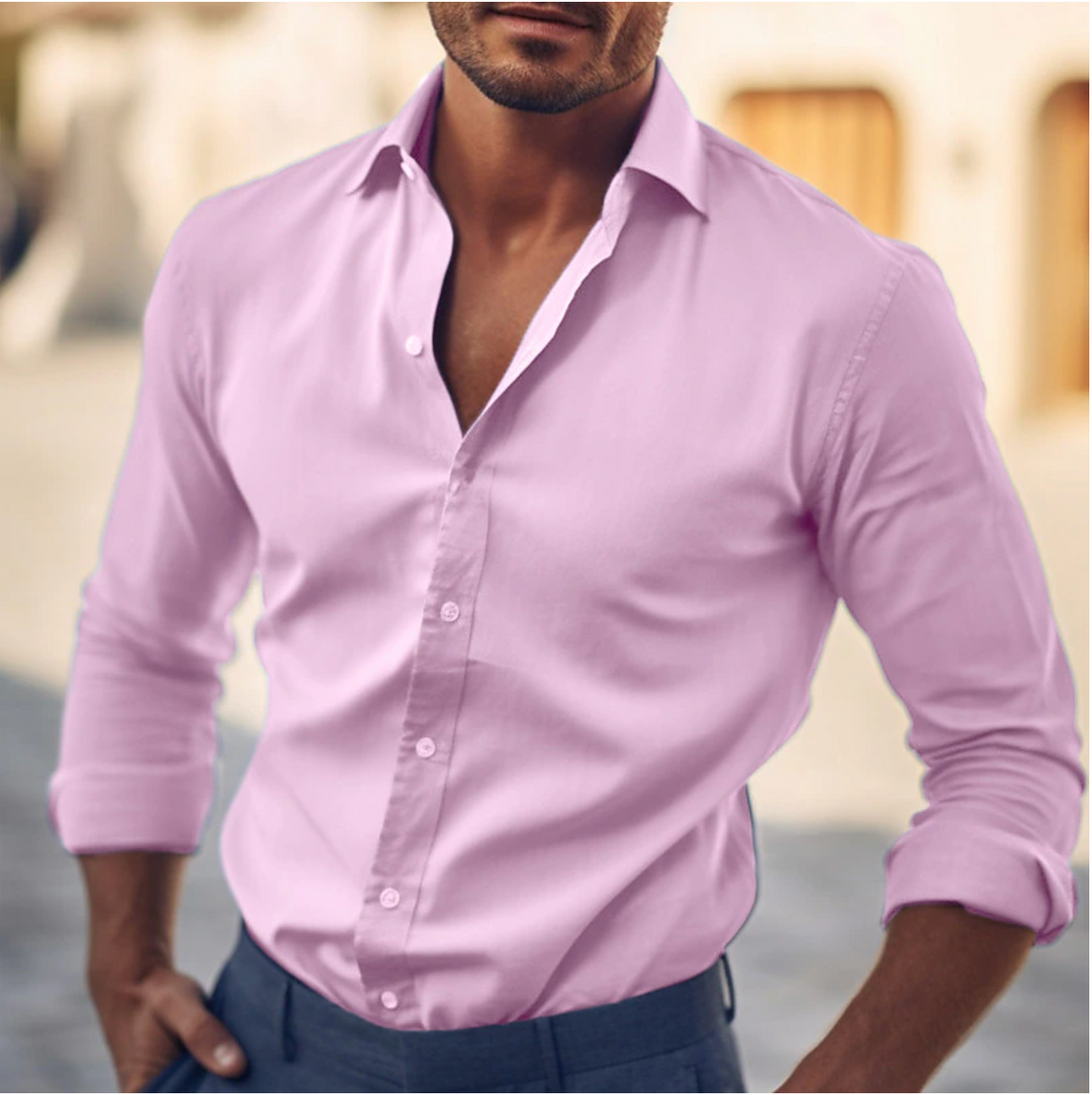 Stylish men's cotton dress shirt with classic collar, showcasing a sleek, flattering fit suitable for any occasion.