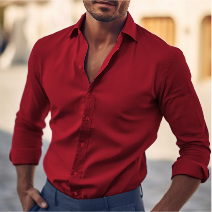 Stylish men's cotton dress shirt with classic collar, showcasing a sleek, flattering fit suitable for any occasion.